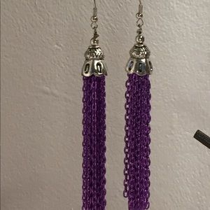 Silver and purple chain tassel earrings